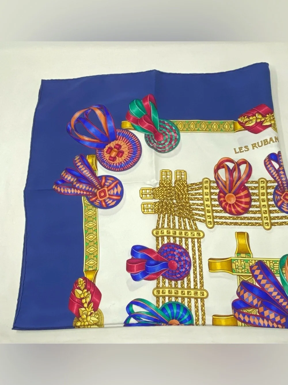 Hermes Navy Blue Multicolor 'Les Rubans du Cheval' Silk Scarf